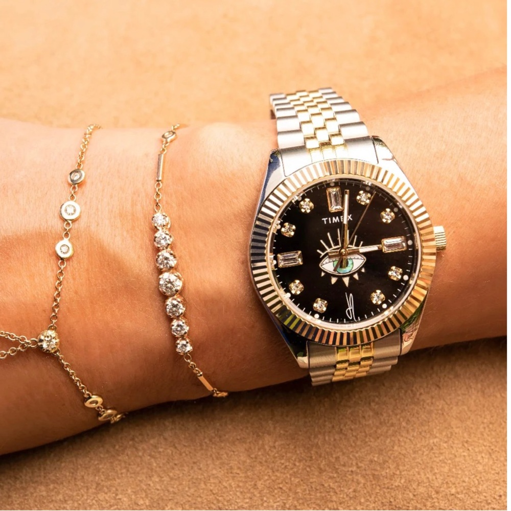 Jacquie Aiche x Timex. Legacy Yellow Gold Two-Tone Sunray Evil Eye BLACK